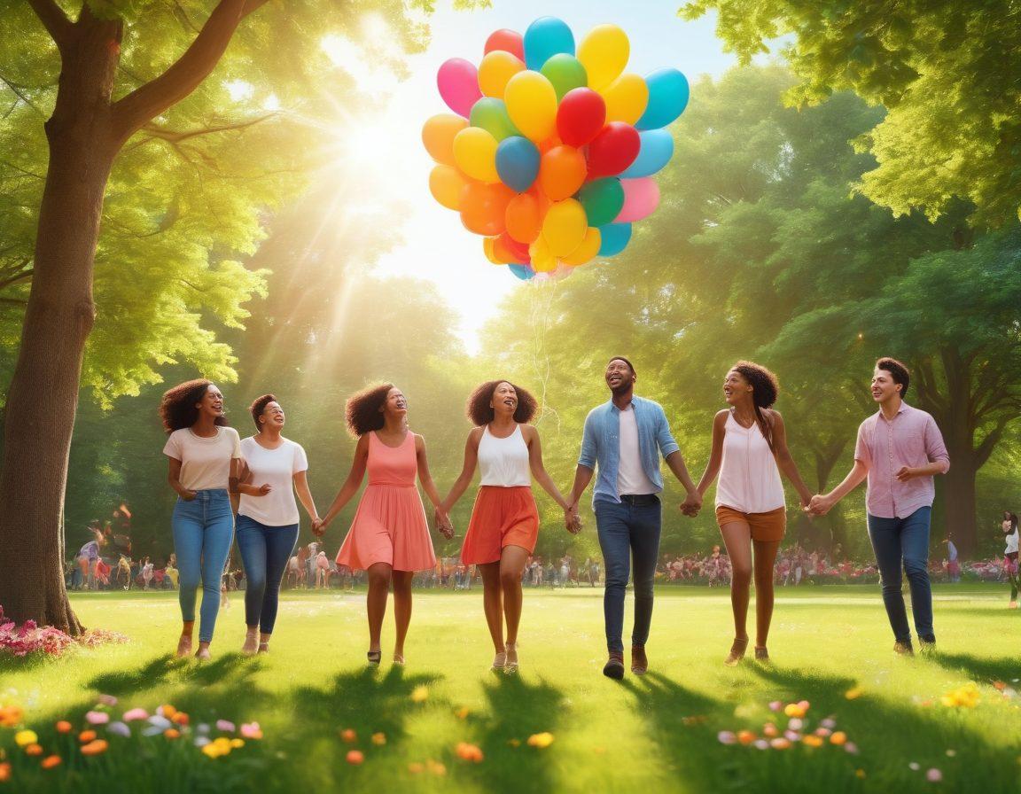 A bright and uplifting scene featuring a diverse group of people joyfully sharing laughter in a sunlit park, surrounded by blooming flowers and green trees. Incorporate symbols of positivity like butterflies, sunshine, and colorful balloons floating above them. The atmosphere should radiate warmth and happiness, inviting the viewer to feel the power of positivity. super-realistic. vibrant colors. cheerful ambiance.