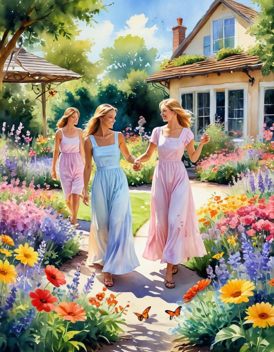 A sunlit garden filled with colorful flowers, smiling people engaging in joyful activities like dancing and gardening, vibrant butterflies fluttering around. The scene radiates happiness and positivity, showcasing a diverse group enjoying life and each other's company. Soft, warm pastel colors dominate the palette, creating an uplifting and cheerful atmosphere. watercolor. vibrant colors.