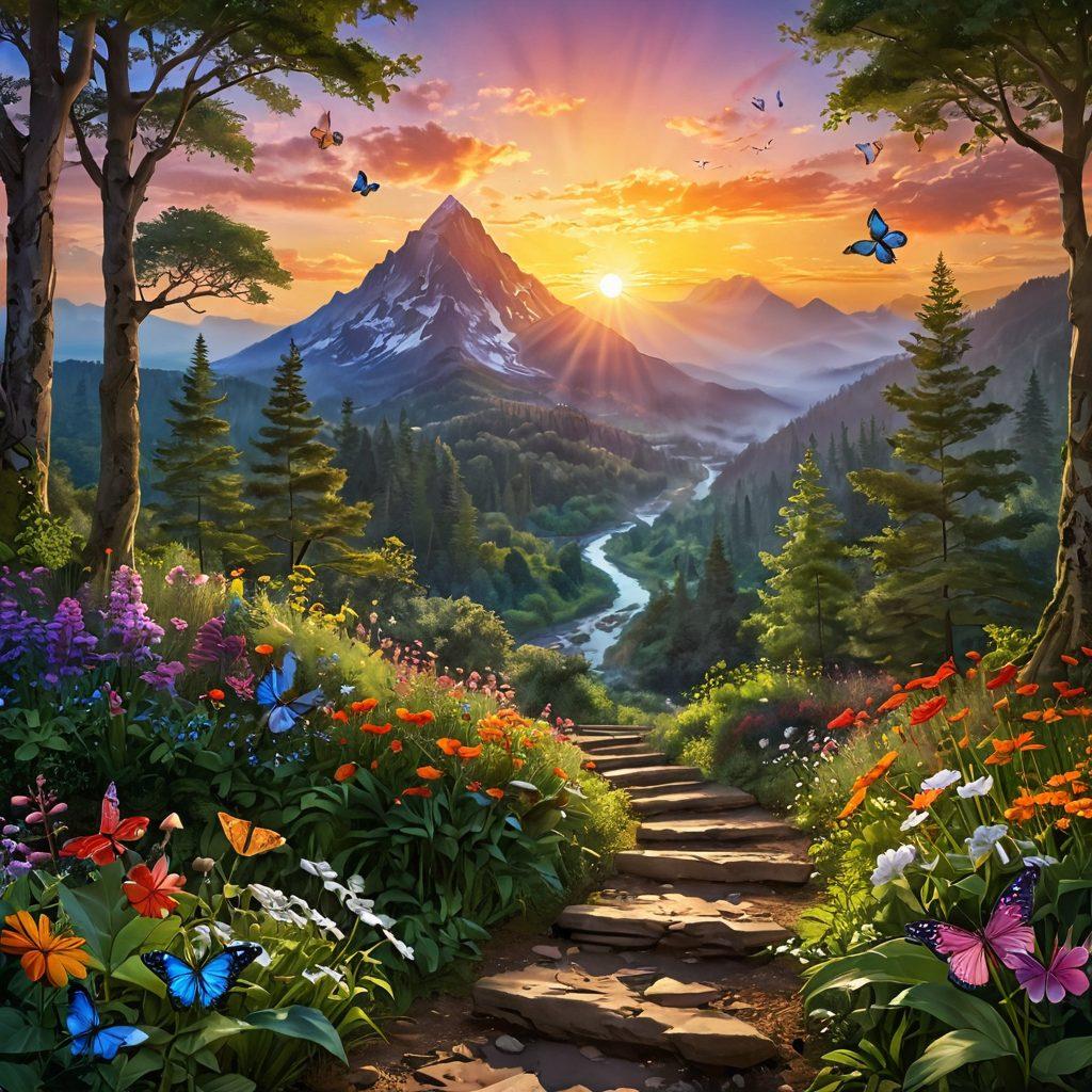 A serene landscape representing the journey from elation to enlightenment, featuring a vibrant sunrise illuminating a winding pathway through a lush forest. Along the path, symbols of joy like flowers and butterflies are interspersed with icons of enlightenment such as glowing orbs and swirling light. In the distance, a majestic mountain looms, signifying the peak of blissful life. The colors are radiant and uplifting. super-realistic. vibrant colors. 3D.